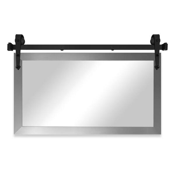 (58 in. W x 33 in. H) Silver Modern Rustic Mirror with Steel Barn Door Rail