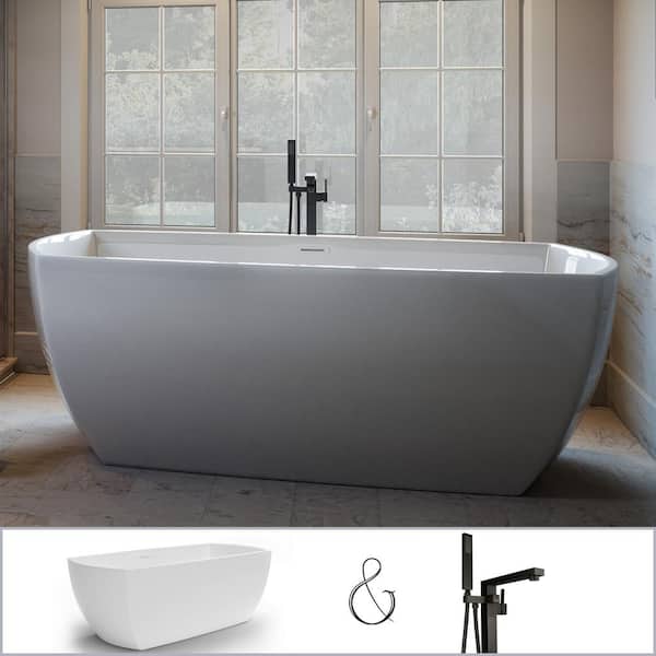 PELHAM & WHITE W-I-D-E Series Bloomfield 67 in. Acrylic Freestanding Tub in White, Floor-Mount Square-Post Faucet in Matte Black