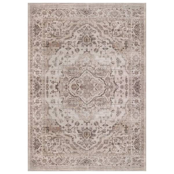 Vintage Medallion Ivory Cream Machine Washable Non-Slip PVC Backing Area Rug 5' x 7' Cream