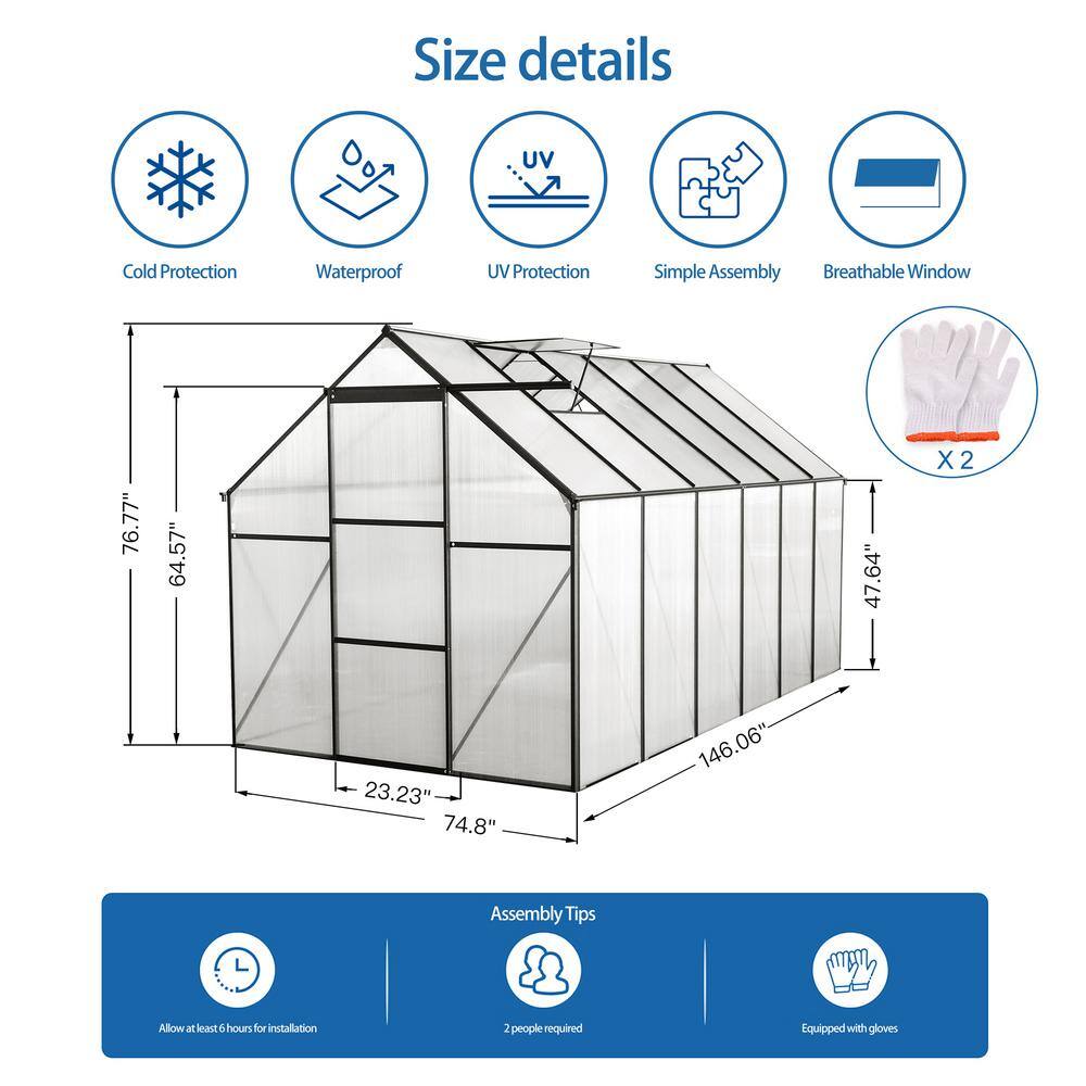 Black 6x12 FT Polycarbonate Walk-In Greenhouse with Aluminum Frame