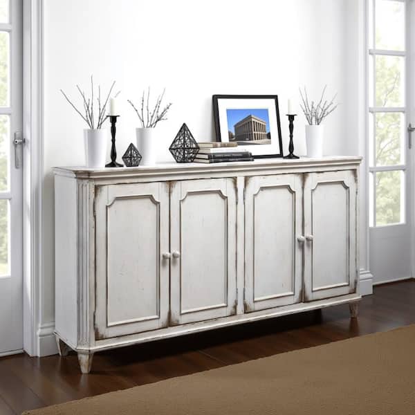 Benjara Antique White 36 in. Accent Cabinet with 4-Panel Door