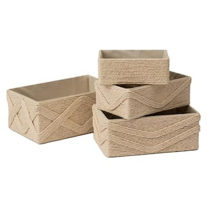 Storage Baskets for Organizing Set 4, Sturdy Woven Paper Rope Decorative Stackable Wicker for Makeup and Closet, Beige