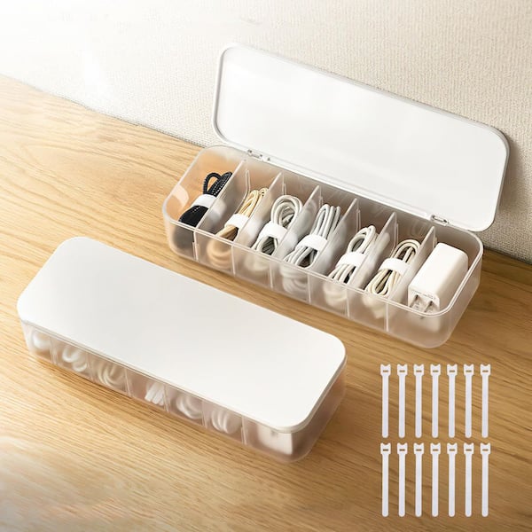 10.24 in. L x 3.54 in. W x 1.96 in. H Cable Organizer Storage Box with 14-Wire Ties Desk Accessories, White (2-Pack)