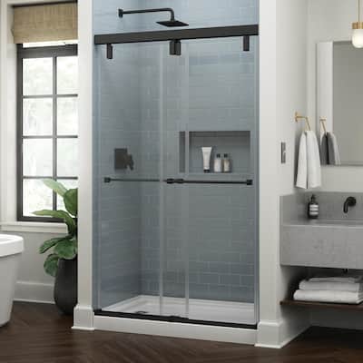 Everly 48 in. x 71-1/2 in. Mod Semi-Frameless Sliding Shower Door in Matte Black and 3/8 in. (10mm) Clear Glass