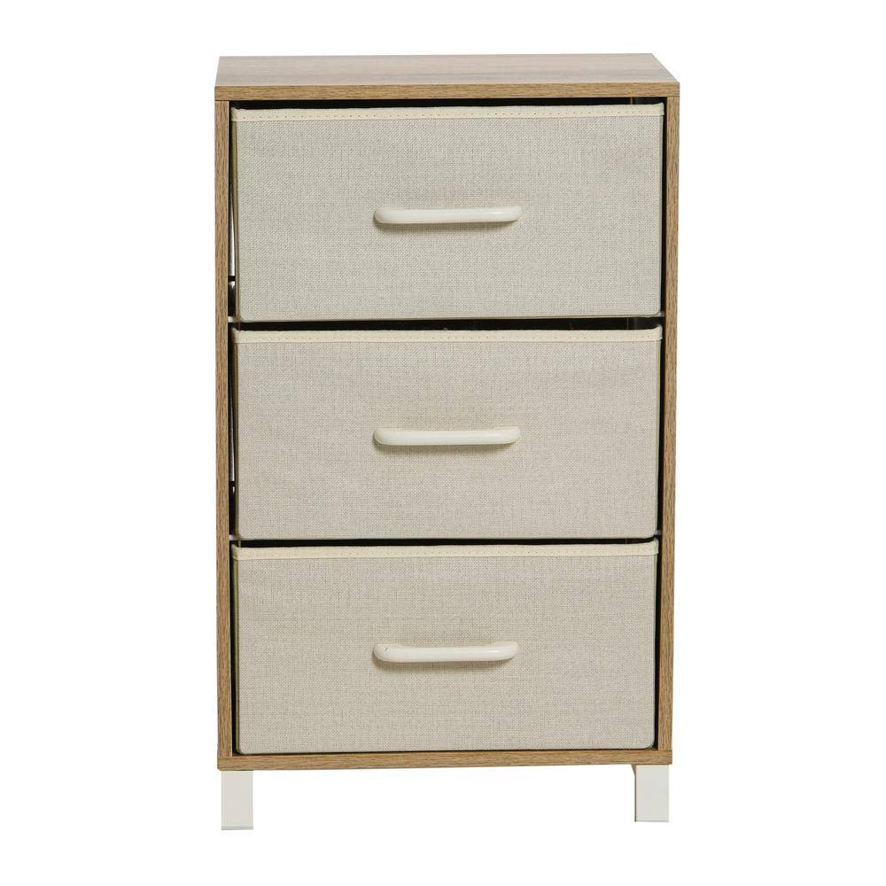Coastal Oak 3-Drawer Storage Chest with Beige Fabric Drawers
