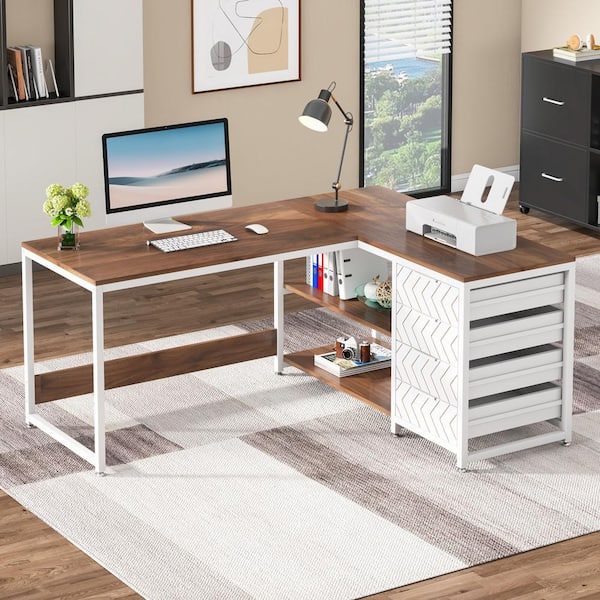 BYBLIGHT Lanita 59 in. Rectangle Brown Engineered Wood 4-Drawer Executive Desk with Shelves for Home Office