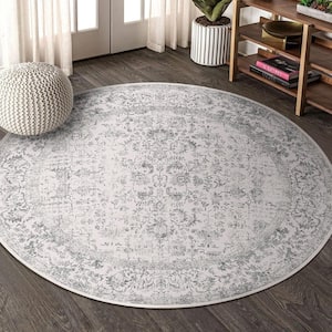 Entomology Circle Grey 5 ft. Vintage Floral Round Area Rug