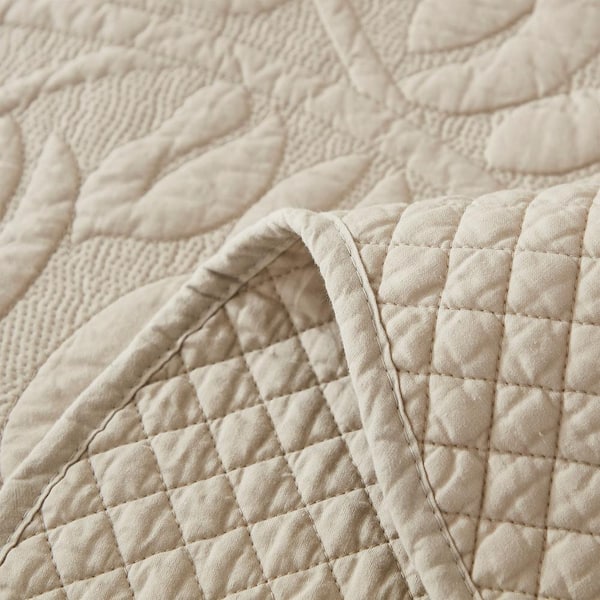 3-Piece Natural Beige Embroidery 100% Cotton Lightweight King Size Quilt Set