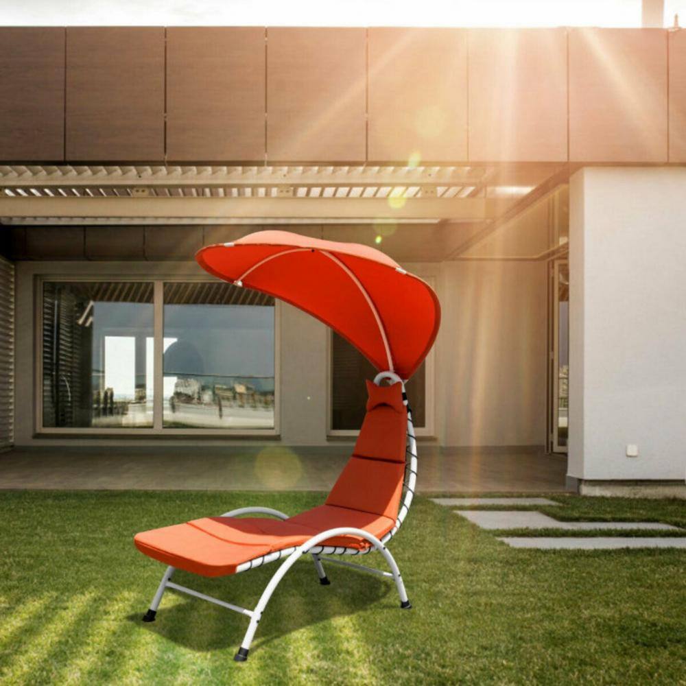 Orange Hanging Chaise Lounger with Cushions and Canopy