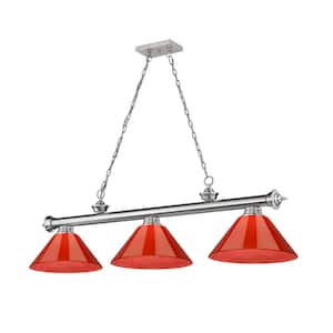Cordon 3-Light Brushed Nickel with Red Plastic Shade Billiard Light with No Bulbs Included