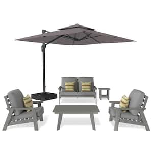 6-Piece Plastic Patio Conversation Set Deep Seating Set Lounge Chair Coffee Table with Cantilever Umbrella and Cushions