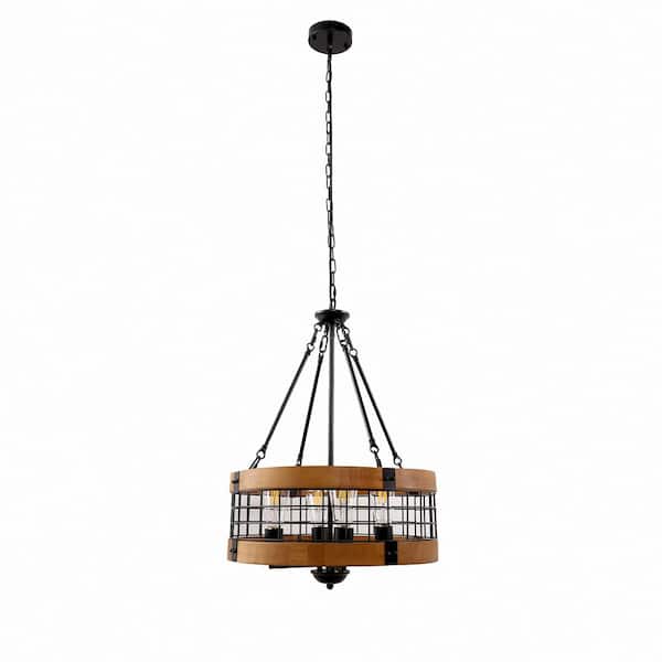 Briignite 4-Light Black and Brown Metal Drum Chandelier for Kitchen Island with No Bulbs Included