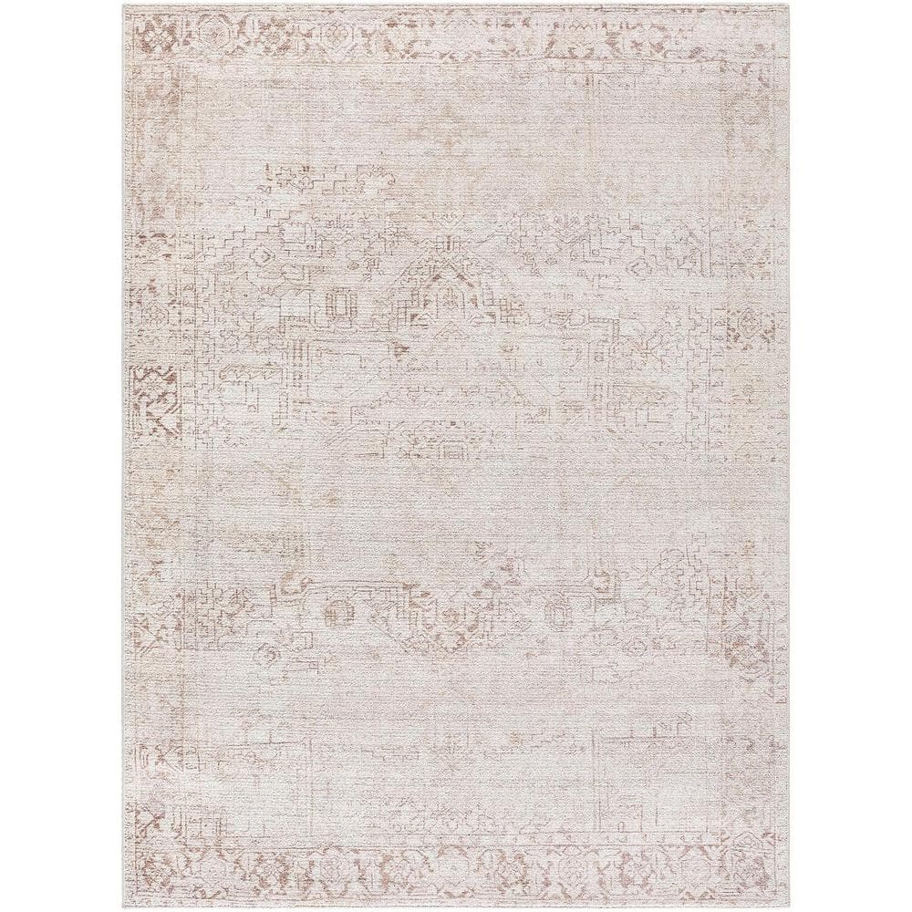 Ivory and Beige Synthetic Medallion Area Rug, 5'2" x 7'