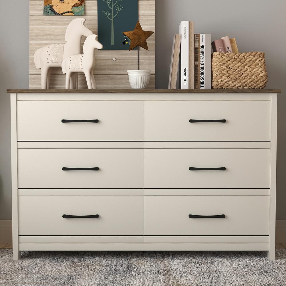 GALANO Kellie Ivory with Oak 6-Drawer 47.2 in. Wide Dresser (Sturdy ...