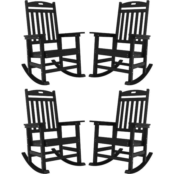 Mximu Black Plastic Patio Outdoor Rocking Chair, Fire Pit Adirondack Rocker Chair with High Backrest(4-Pack)