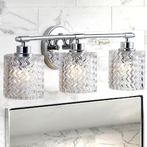 Spaulding Vintage 22 in. 3-Light Iron/Chevron Pattern Glass Farmhouse Cottage LED Chrome Vanity Light