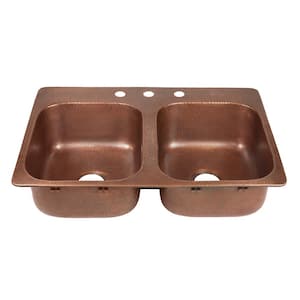 Angelico Copper 33 in. Double Bowl Drop-In Kitchen Sink with 3 Holes