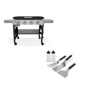 Griddle 4-Burner Propane Gas 36 in. Flat Top Grill in Black with Griddle Essential Set