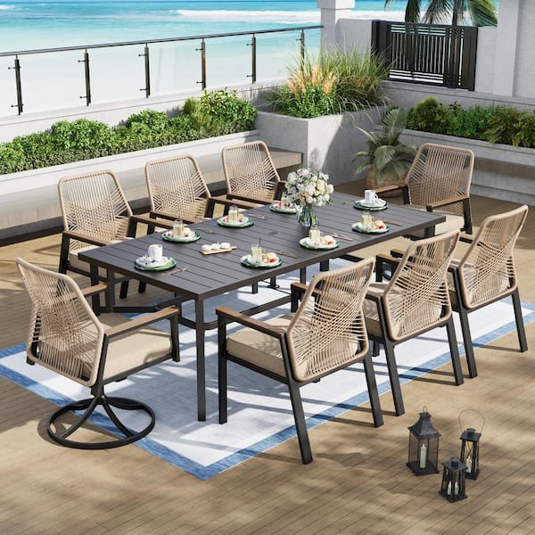 9-Piece Black Metal Patio Outdoor Dining Set with Rectangle Table and Woven Rope Chair with Beige Cushions