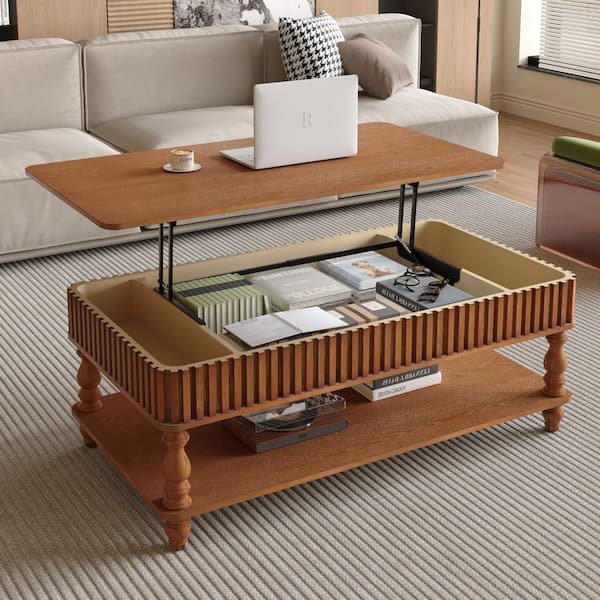 Babbitt 47.24 in. Antique Brown Rectangle MDF and Solid Wood Coffee Table with Adjustable Height,Lift Top,Storage,Shelf