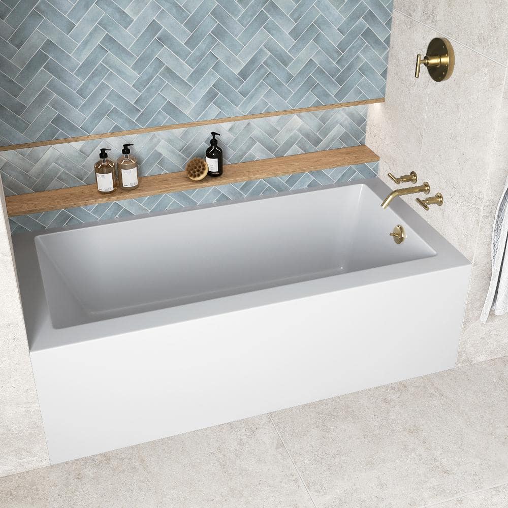 66-Inch Glossy White Acrylic Alcove Bathtub with Polished Brass Drain