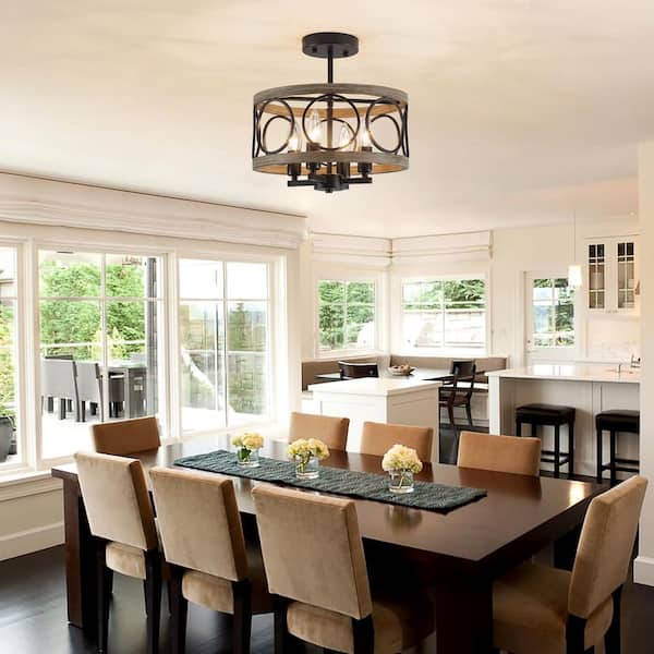 Black Crystal Semi-Flush Mount Chandelier – 4-Light, E12 Base, Dimmable, Drum Cage Design, Ideal For Dining Room, Bedroom, Foyer, Kitchen