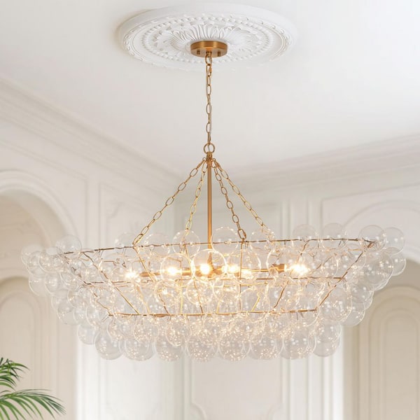 Neuvy 8-Light 51.2 in.W Brushed Gold Chandelier with Cluster Globe Clear Glass for Living Room, Church, Lobby, Hotel