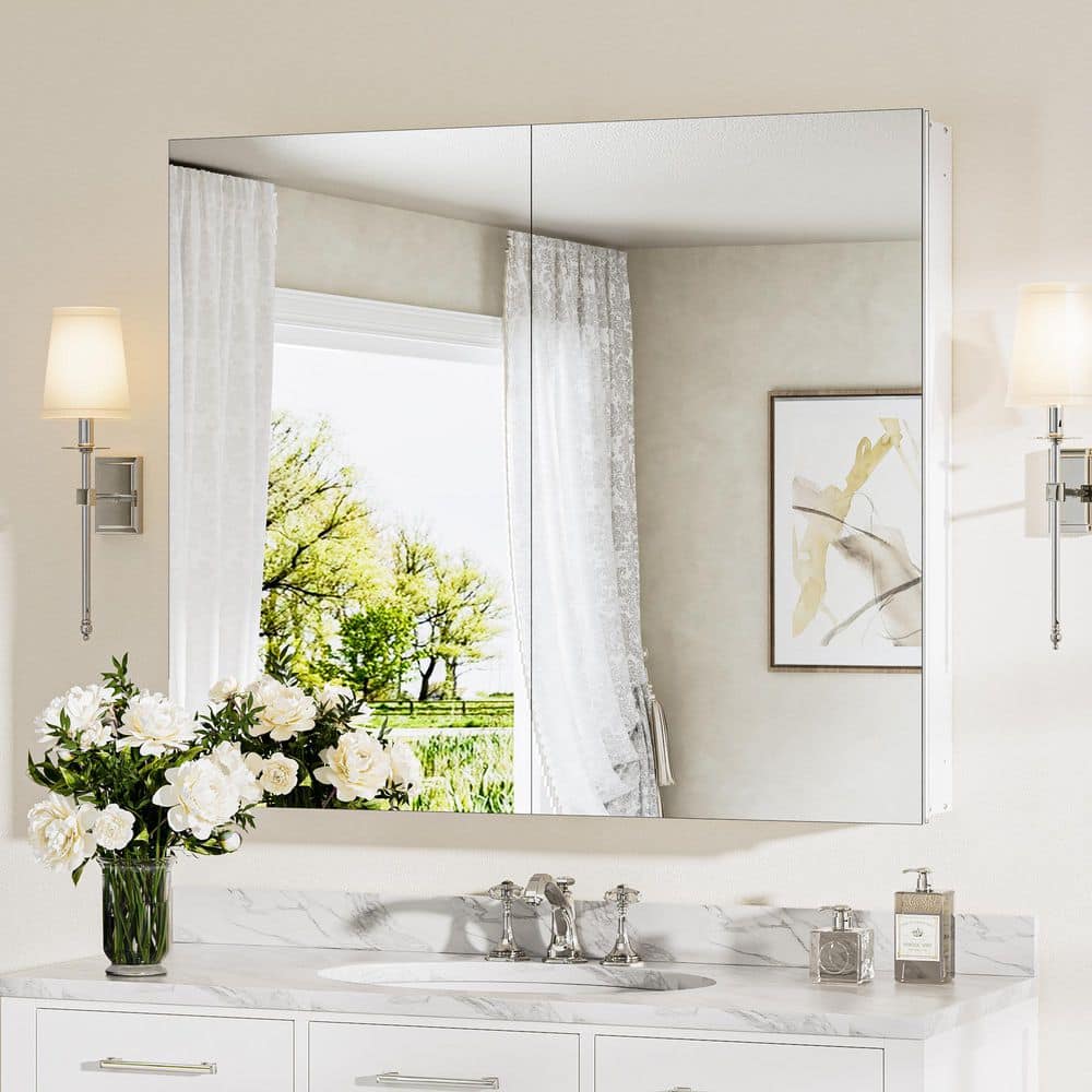 36 in. W x 32 in. H Rectangular Frameless Aluminum White Recessed or Surface Mount Medicine Cabinet with Mirror price history on PriceWatchPro