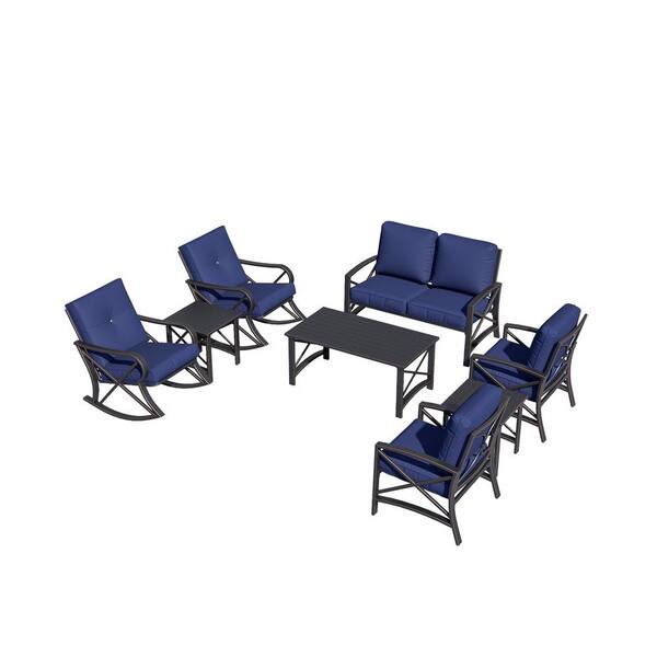 TOP HOME SPACE 8-Piece Metal Patio Conversation Set with Blue Cushions