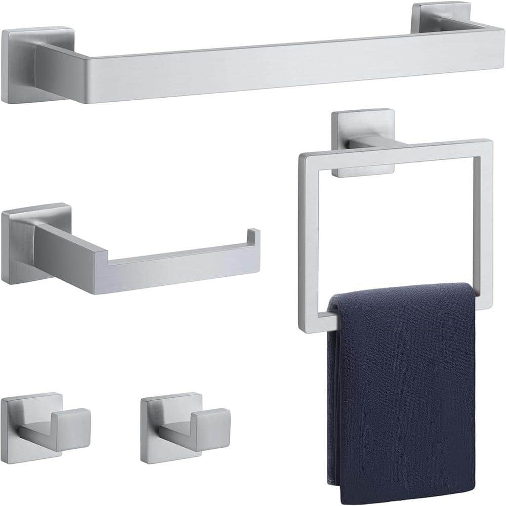5-Pieces Stainless Steel Bath Hardware Set-16 in. Towel Bar, Ring, Hooks, T