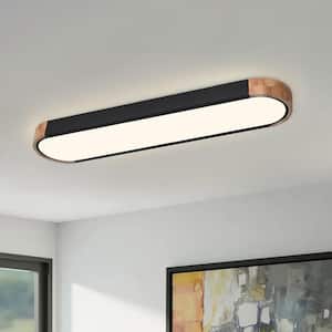 Lumin 38 in. W 1-Light Black and Wood Integrated LED Flush Mount Minimalist Long Oval Ceiling Light for Hallway/Kitchen
