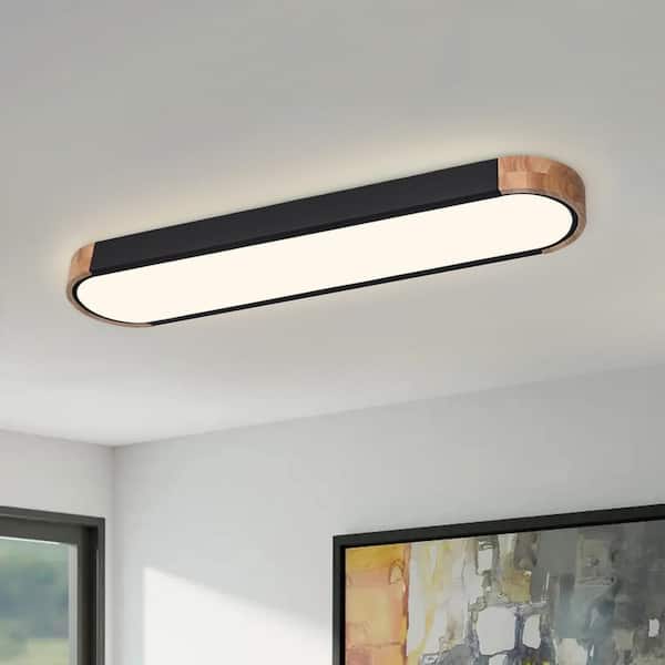 HUOKU Lumin 38 in. W 1-Light Black and Wood Integrated LED Flush Mount Minimalist Long Oval Ceiling Light for Hallway/Kitchen