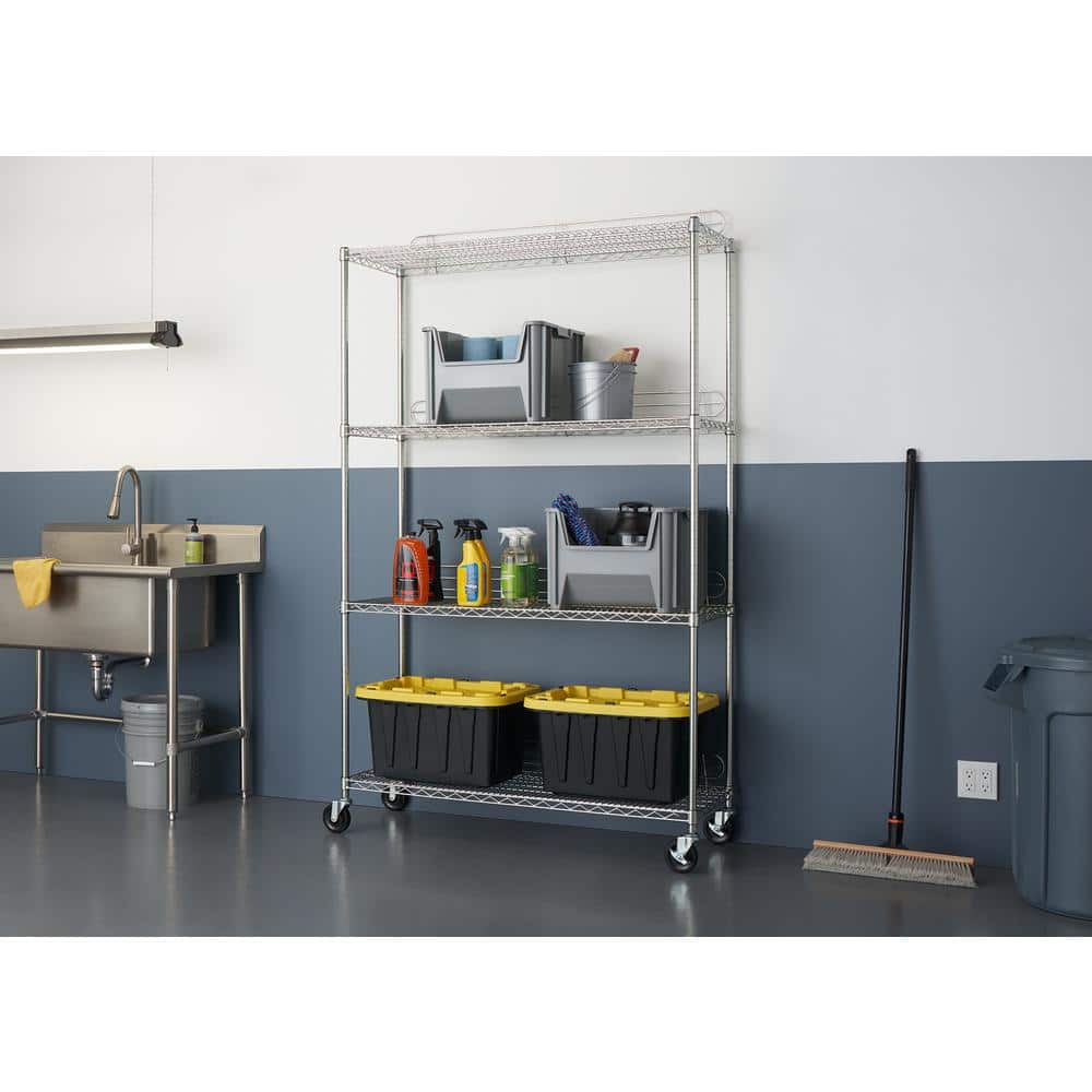 Adjustable Silver Steel 4-Tier Wire Shelving Unit with Wheels