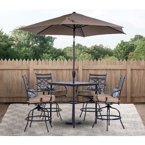 Montclair 5-Piece Steel Outdoor Dining Set with Tan Cushions, 4 Swivel Chairs, 33 in. Counter Height Table and Umbrella