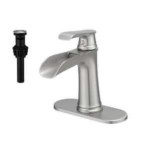 Single Handle Single Hole Bathroom Faucet with Drain Assembly Deck Mount Waterfall Bathroom Sink Taps in Brushed Nickel