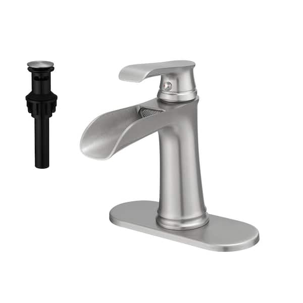 AIMADI Single Handle Single Hole Bathroom Faucet with Drain Assembly Deck Mount Waterfall Bathroom Sink Taps in Brushed Nickel
