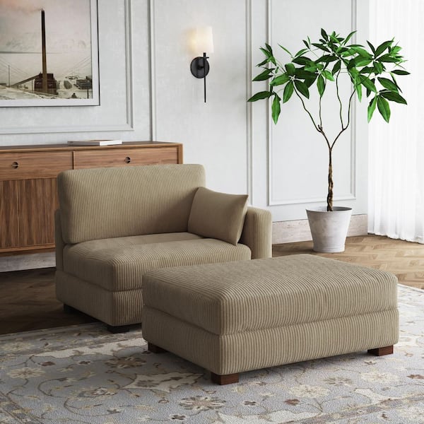 Uixe Modern Right Arm Facing Camel Corduroy Polyester Upholstered Sectional Chaise Lounge with Ottoman