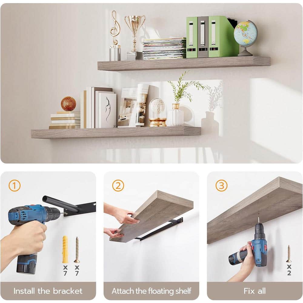 47.2" Greige Wood Floating Wall Shelf Set with Invisible Brackets