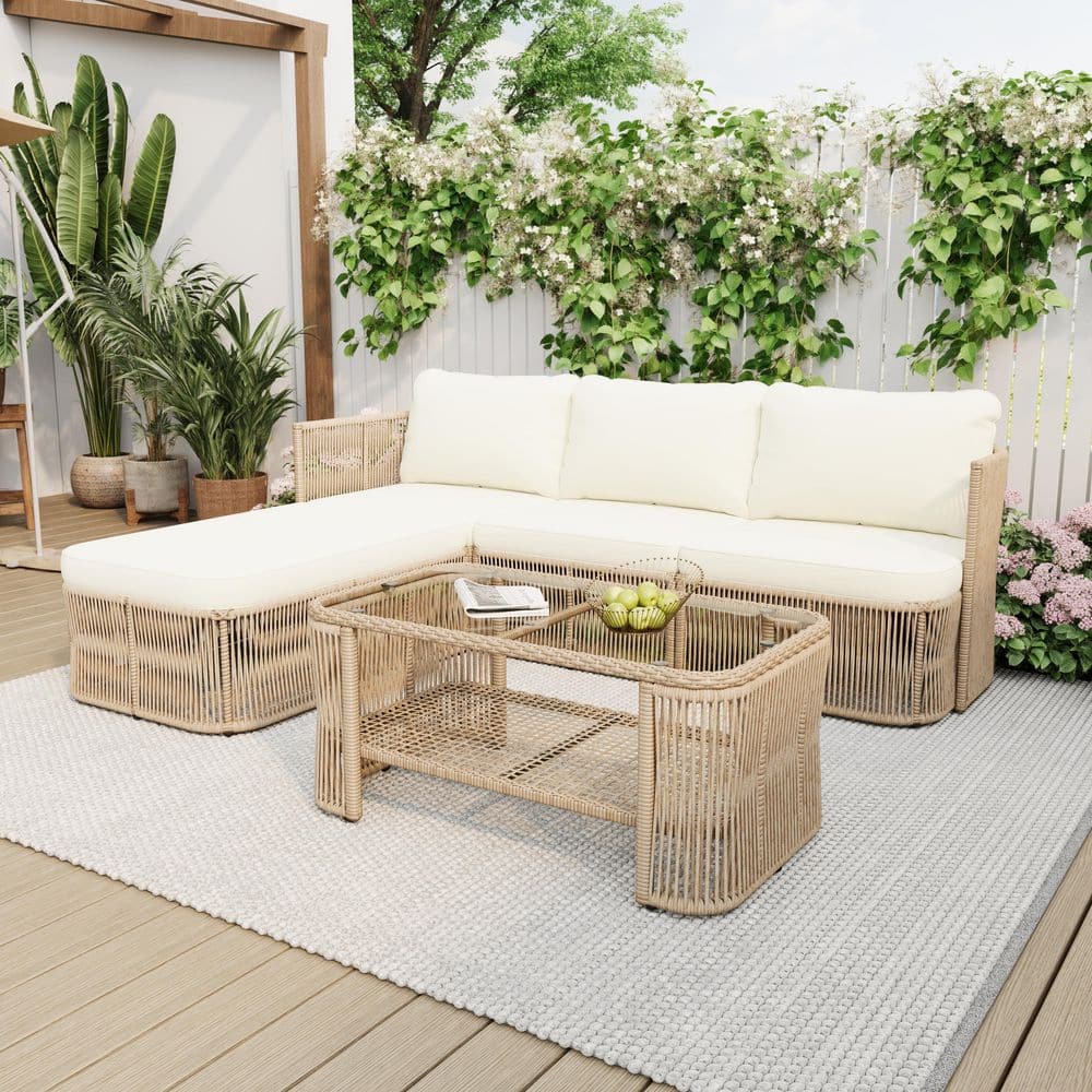 Sudzendf 4-Piece L-Shaped Wicker Outdoor Sectional Set with Beige
