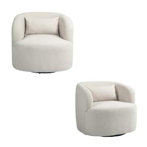 Modern Beige Teddy Short Plush Particle 360° Swivel Accent Barrel Armchair with Metal Base (Set of 2)