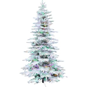 10-Ft Pre-Lit Mountain Pine Snow Flocked Artificial Artificial Christmas Tree, Multi-Color LED String Lights, Stand