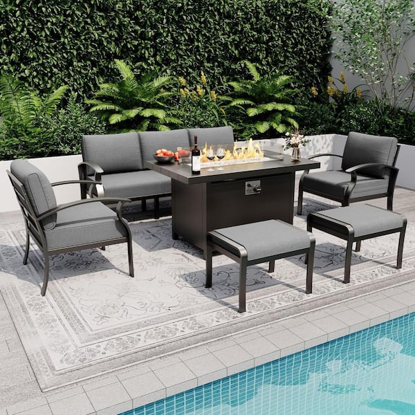 5-Piece Aluminum Outdoor Patio Conversation Set with armrest, 55000 BTU Propane Firepit Table and Gray Cushions