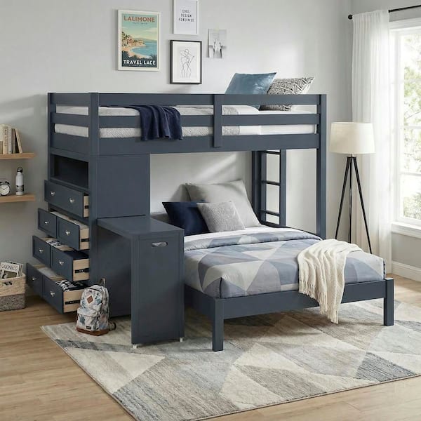 Lazzara Eliza Navy Blue Twin over Full Loft Bunk Bed with Chest