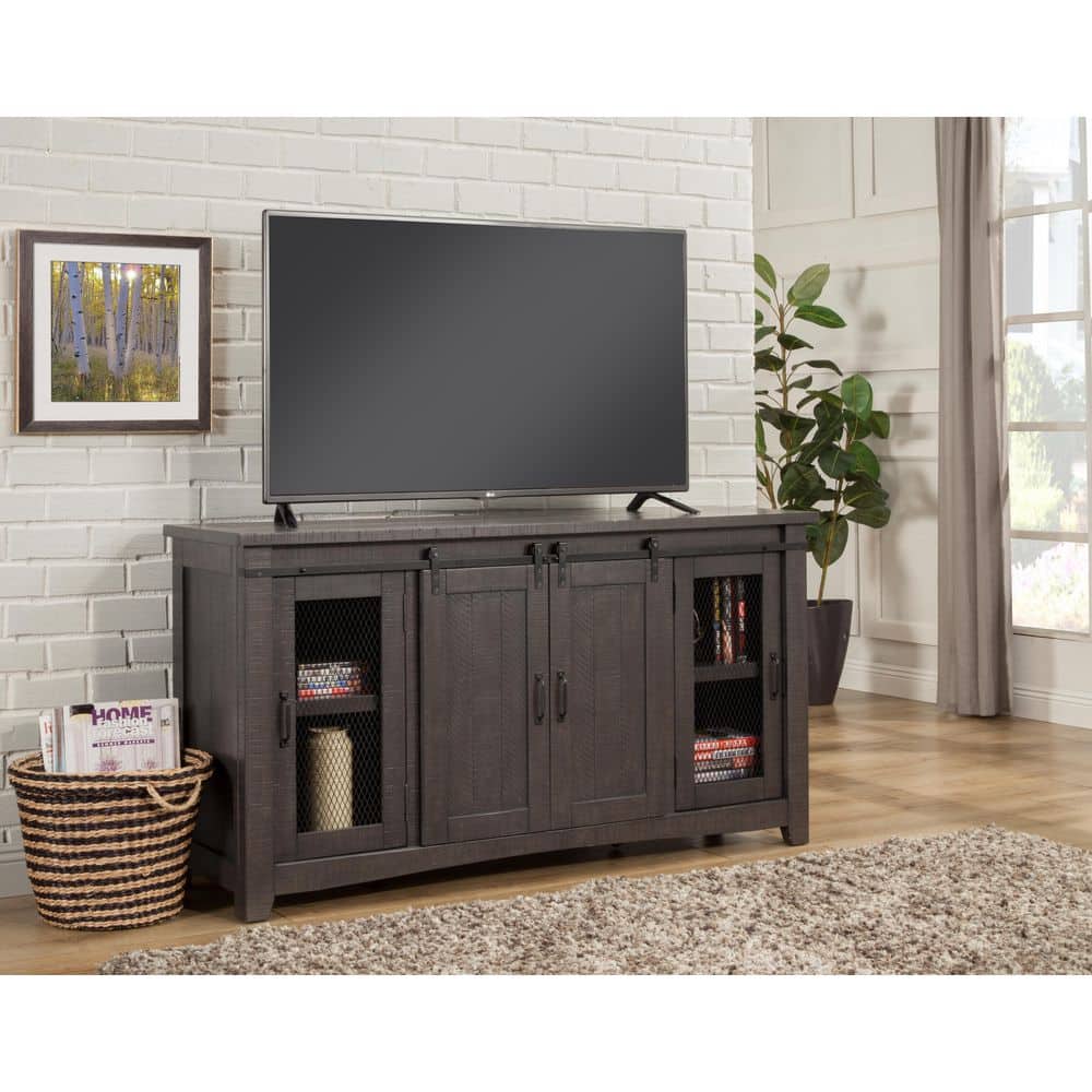 Rustic Sierra 65" Solid Pine TV Stand with Mesh Doors - Gray Finish