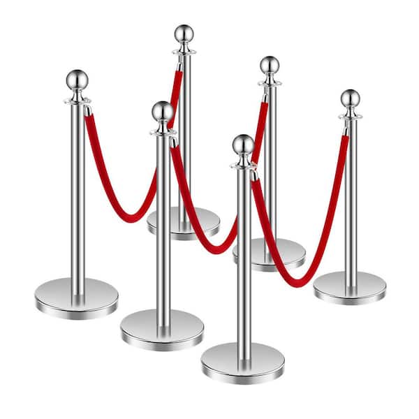 SKYSHALO Stanchions and Velvet Ropes 6Pcs, Crowd Control Barriers Silver Stanchions, Hollow Base with Stainless Steel Post