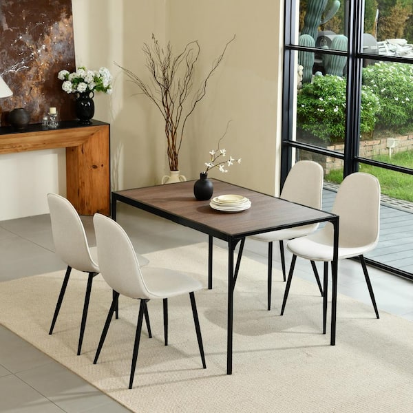 MIK 5-Piece Modern Industrial Dining Set-Rectangle Table with Walnut Top and Ergonomic White Fabric Chairs