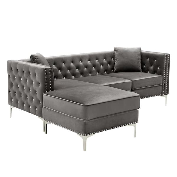 JASMODER 82.3 in. 4-Seater Square Arm Polyester Tufted Straight Sofa in Gray with Nailhead Trim and Removable Cushions