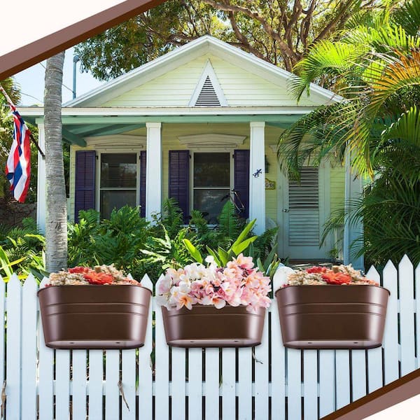 Justincity 10.6" Chocolate Finish Iron Hanging Planter with Drainage Holes for Fence Rail Balcony Garden Decor 4-Pack