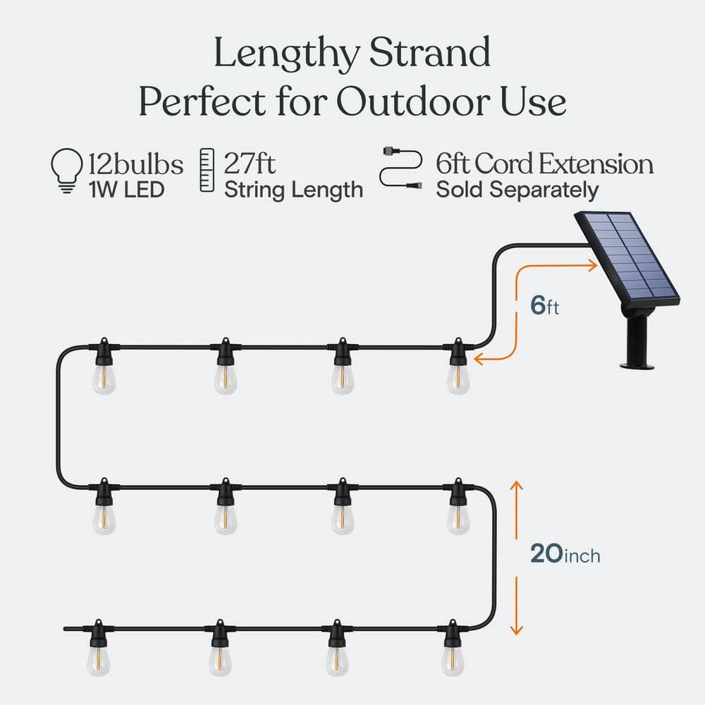 27-Foot Warm White Solar LED Outdoor String Lights with Black Wire