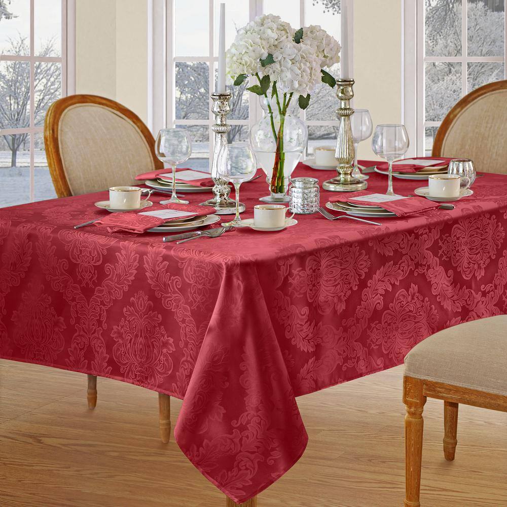 Luxurious Red Jacquard Damask Polyester Tablecloth, 60" x 84" Oblong